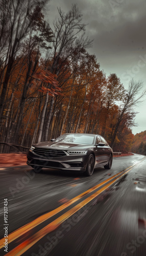 Sleek Family Sedan Driving Through Autumn Forest on Wet Road Emphasizing Smooth Suspension System