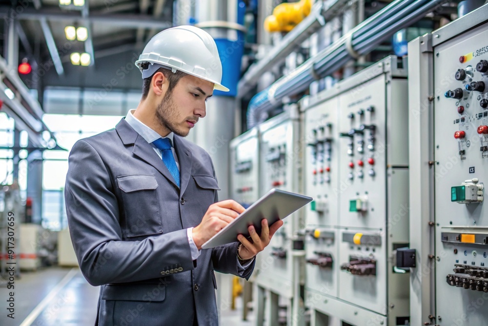 A man in a hard hat is looking at a tablet while standing in a room with many wi A man in a hard hat is looking at a tablet while standing in a room with many wi