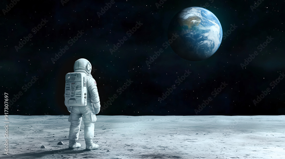 Fototapeta premium Astronaut standing on the moon's surface, gazing at Earth in the distance under a starry sky