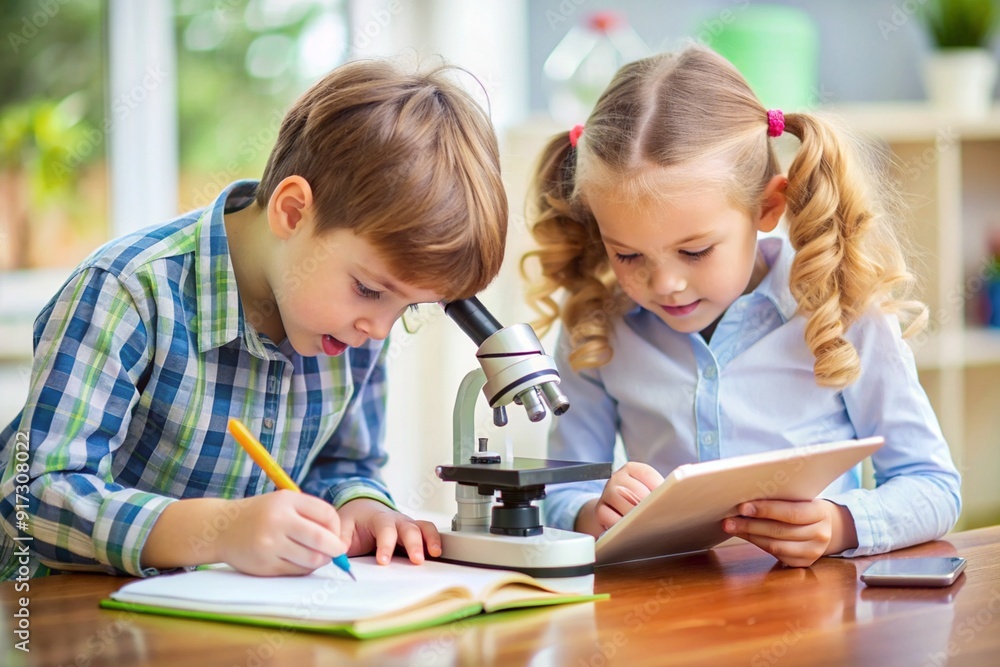 Two children are looking through a microscope and writing in a book Two children are looking through a microscope and writing in a book