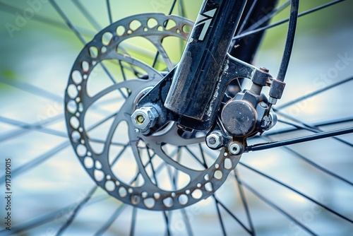 Close-up of grey metal brake disc and pads, integral part of road bike's braking system.. Beautiful simple AI generated image in 4K, unique.