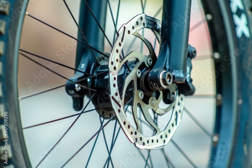 Ultra sharp close-up showcasing a road bike's brake system, highlighting grey metal brake disc. Beautiful simple AI generated image in 4K, unique.