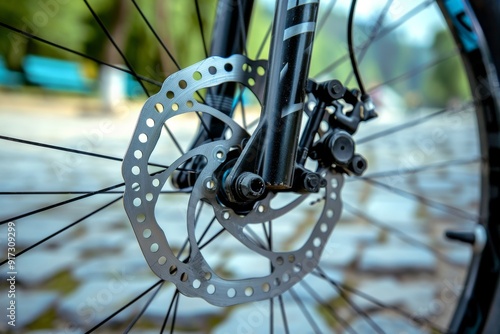 Ultra sharp close-up showcasing a road bike's brake system, highlighting grey metal brake disc. Beautiful simple AI generated image in 4K, unique.