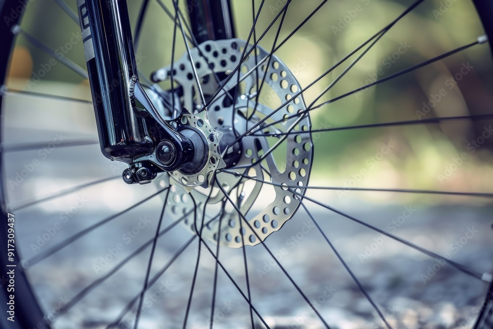 Detailed close-up view of a bicycles front wheel and rear caliper ...