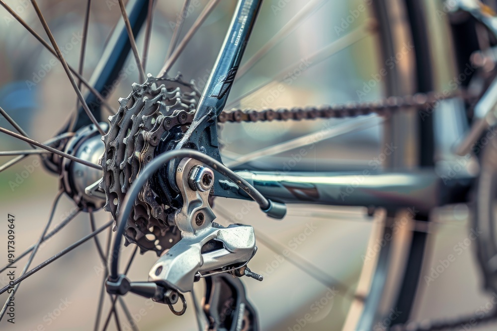Obraz premium Ultra sharp close-up showcasing a road bike's brake system, highlighting grey metal brake disc. Beautiful simple AI generated image in 4K, unique.