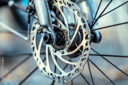 Ultra sharp close-up showcasing a road bike's brake system, highlighting grey metal brake disc. Beautiful simple AI generated image in 4K, unique.