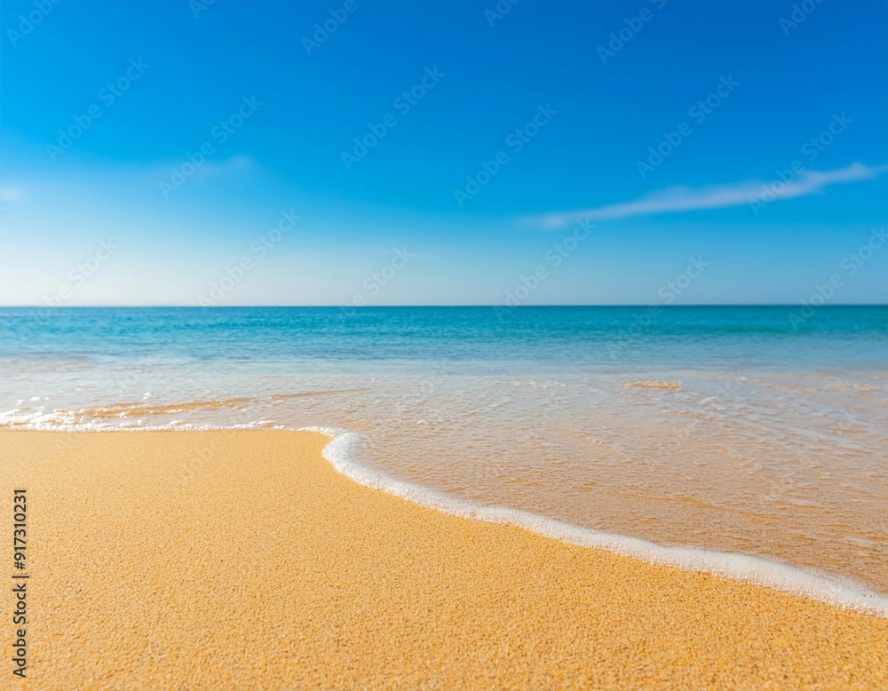 Sunny Beach With Golden Sand and Calm Waves Under Bright Blue Sky Midday Sunny Beach With Golden Sand and Calm Waves Under Bright Blue Sky Midday