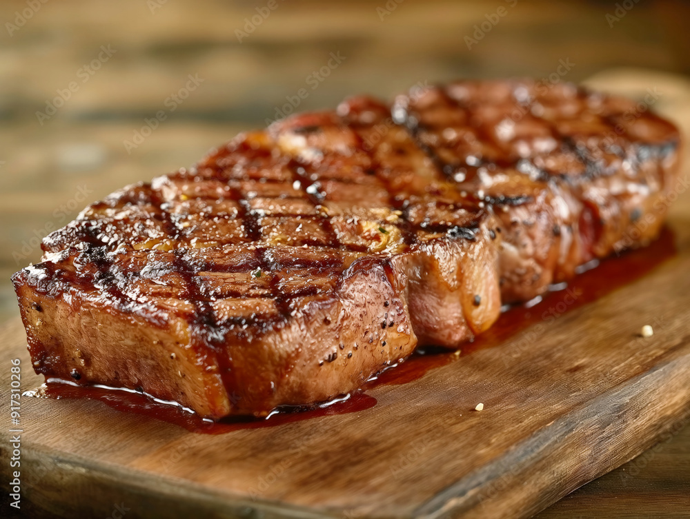 A piece of meat is sitting on a wooden cutting board. The meat is cooked and has a nice sear A piece of meat is sitting on a wooden cutting board. The meat is cooked and has a nice sear