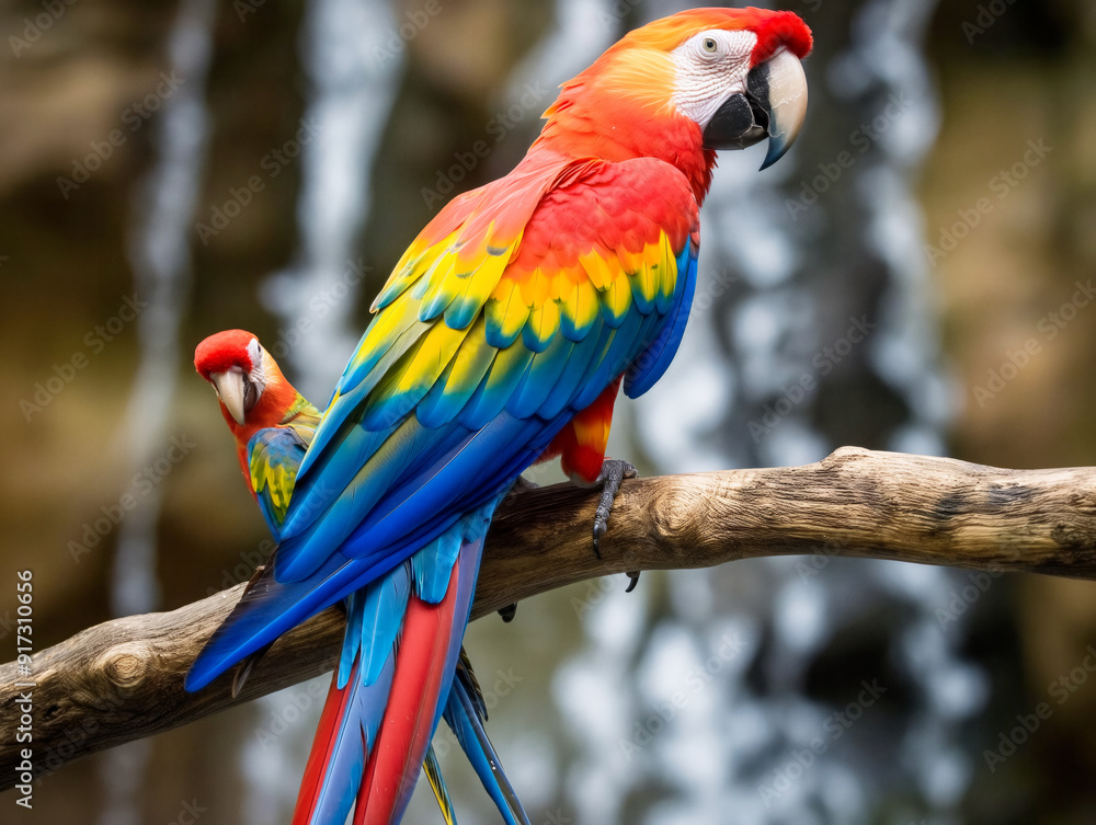 Two parrots are perched on a branch, one of which is red and blue. The other is green Two parrots are perched on a branch, one of which is red and blue. The other is green