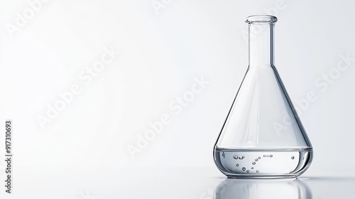 Glass flask containing an inorganic solution, side angle, subtle reflections, neutral lab background
