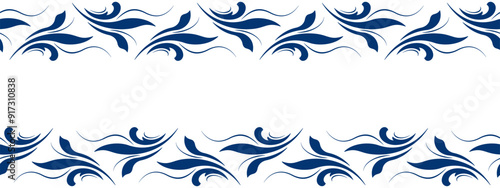 Blue leaves on white background. Folk floral border vector illustration. Ethnic paisley horizontal ornament. Vintage floral design element. Fantasy geometric shapes for decor clothes, home, etc.
