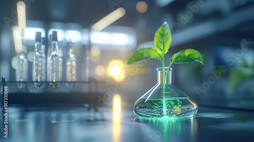 Lab setup with glowing chemical solution and organic matter dissolving, highlighting sustainable science, chemical solution, ecofriendly innovation