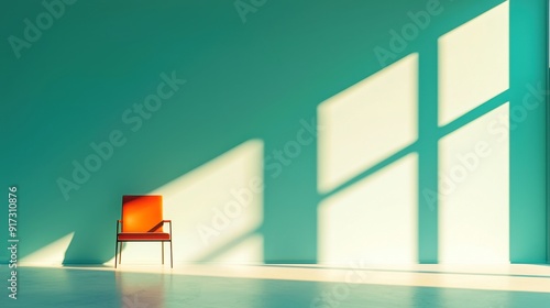 Vibrant Shadows on Elegant Chair, Abstract hues dance across a stylish chair in a minimalist interior, creating a dynamic interplay of color and form in a serene space.