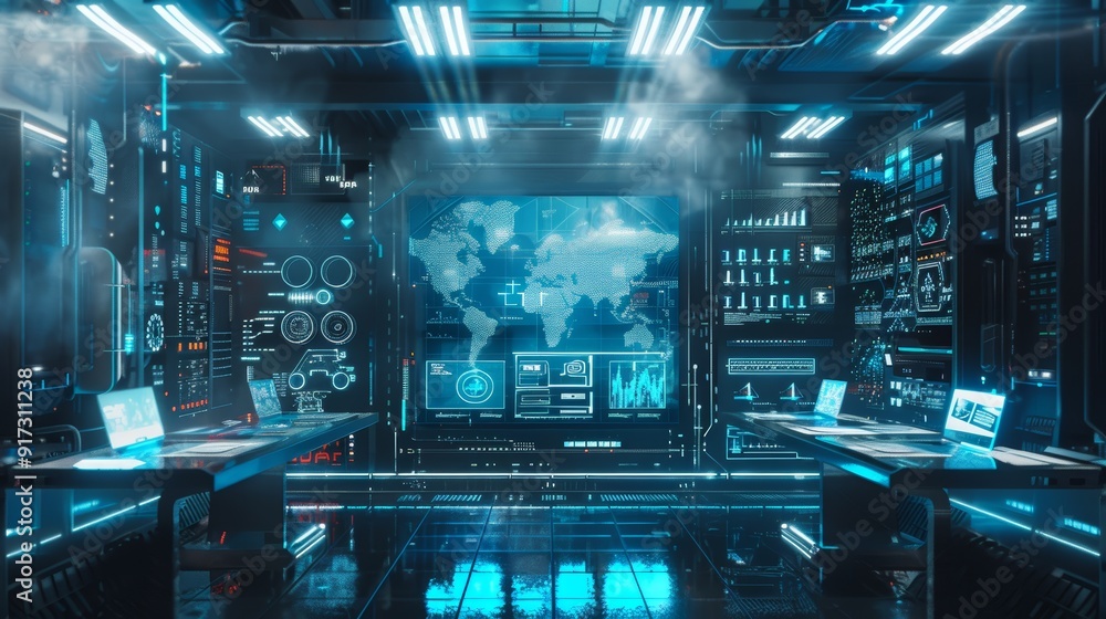 Futuristic Workspace with Advanced Cloud Storage and Holographic Interfaces for Efficient Data Management