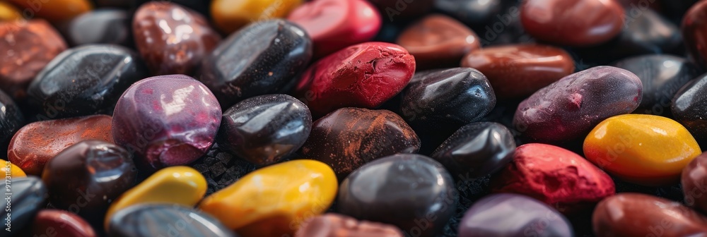 Close up image of colorful pebble chocolates highlighting their vivid details and delectable textures Close up image of colorful pebble chocolates highlighting their vivid details and delectable textures