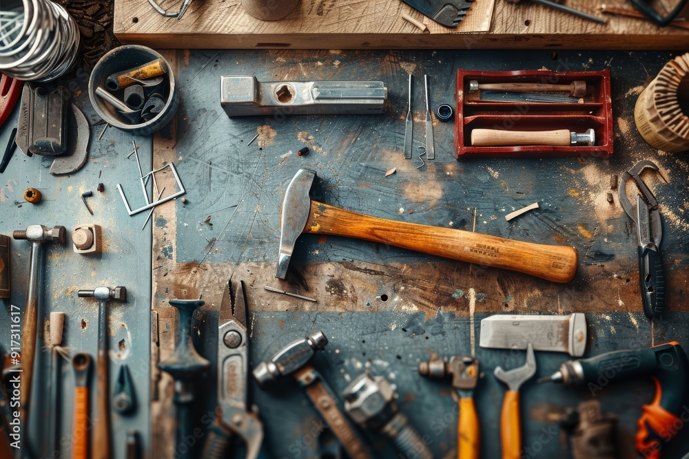 Home Improvement DIY Project with Tools on Workbench for Small Woodworking Tasks Home Improvement DIY Project with Tools on Workbench for Small Woodworking Tasks