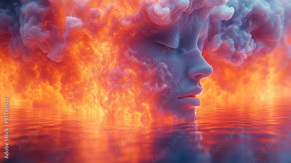 Ethereal Fusion: A Face Emerges from Fiery Clouds Over Serene Waters Ethereal Fusion: A Face Emerges from Fiery Clouds Over Serene Waters