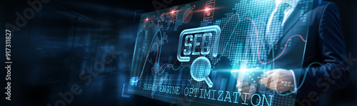 SEO Specialist meticulously Analyzing data through various metrics to create informative graph and insightful reports. Tracking website's performance over time using growth chart, identifying trends. photo