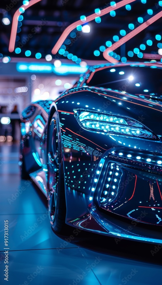 Luxury Electric Sports Car with Sleek Headlights and Distinctive Grille in a High-Tech Exhibition Space Luxury Electric Sports Car with Sleek Headlights and Distinctive Grille in a High-Tech Exhibition Space