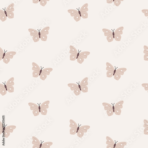 Cute pattern in Scandinavian, boho, minimalism style in beige neutral pastel colors.Butterflies.Decor for the nursery, baby shower, textiles
