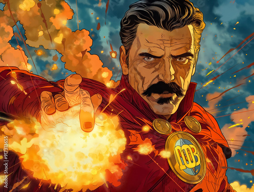 A man in a red costume with a gold badge on his chest is throwing a ball of fire photo