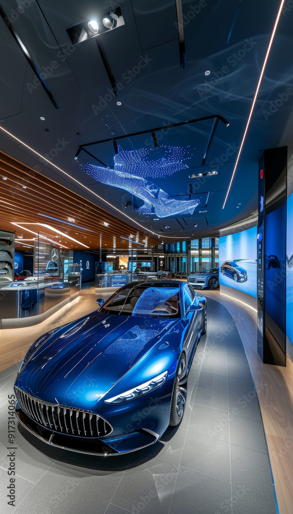Obraz premium Luxury Car Showroom Featuring Advanced Suspension Technology Display and Interactive Exhibits
