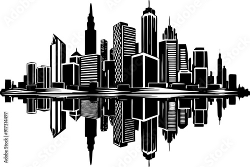 skyline with reflections in a water body below silhouette