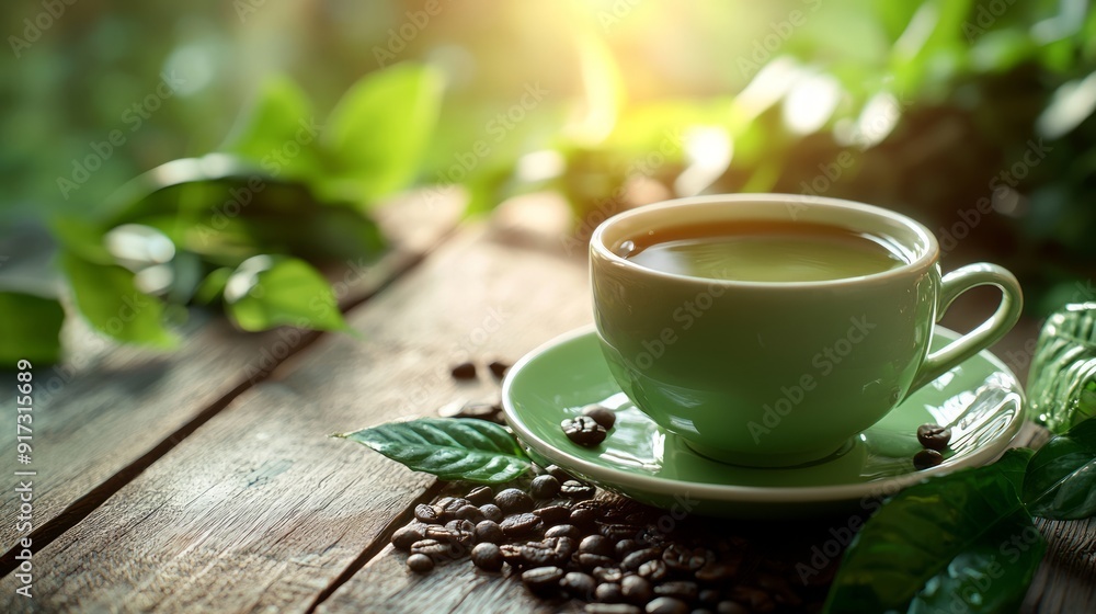 A cup of coffee with coffee beans and leaves A cup of coffee with coffee beans and leaves