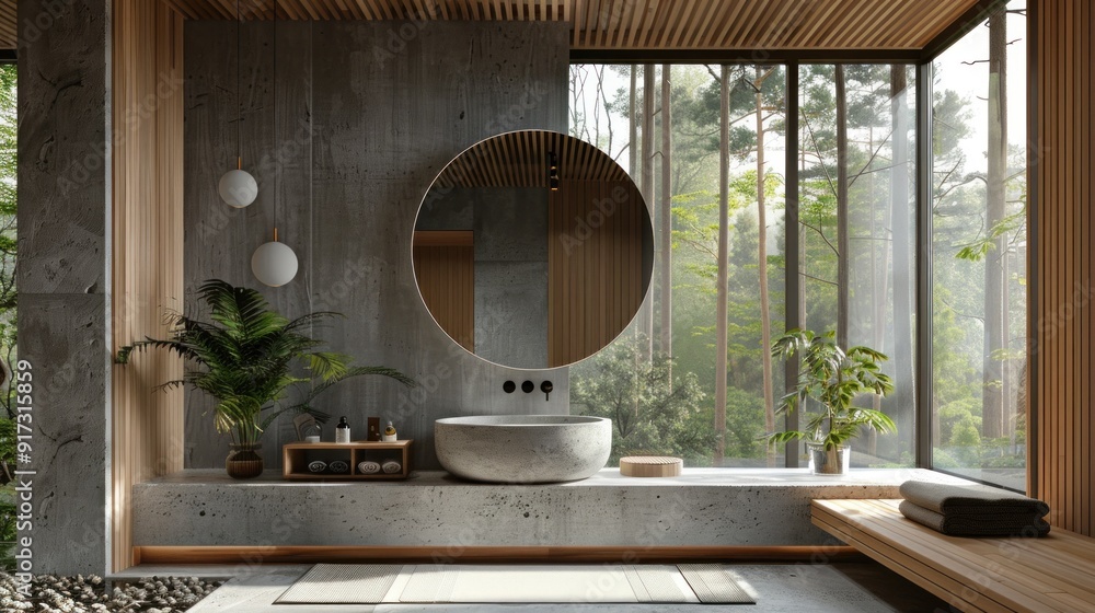 Modern and tranquil bathroom design with a circular mirror and a panoramic view of an autumn forest, creating a serene ambiance. Modern and tranquil bathroom design with a circular mirror and a panoramic view of an autumn forest, creating a serene ambiance.