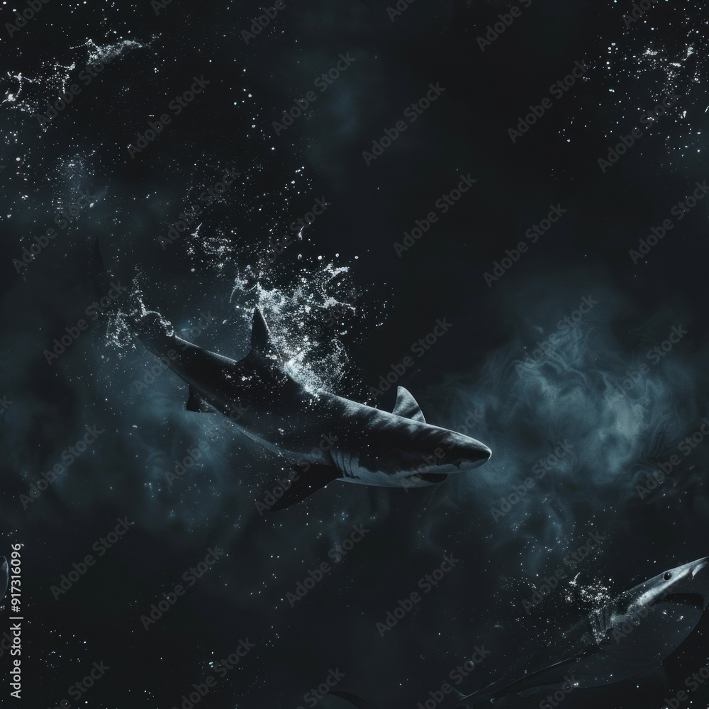 Fototapeta premium Shark swimming in dark water with sparkles.
