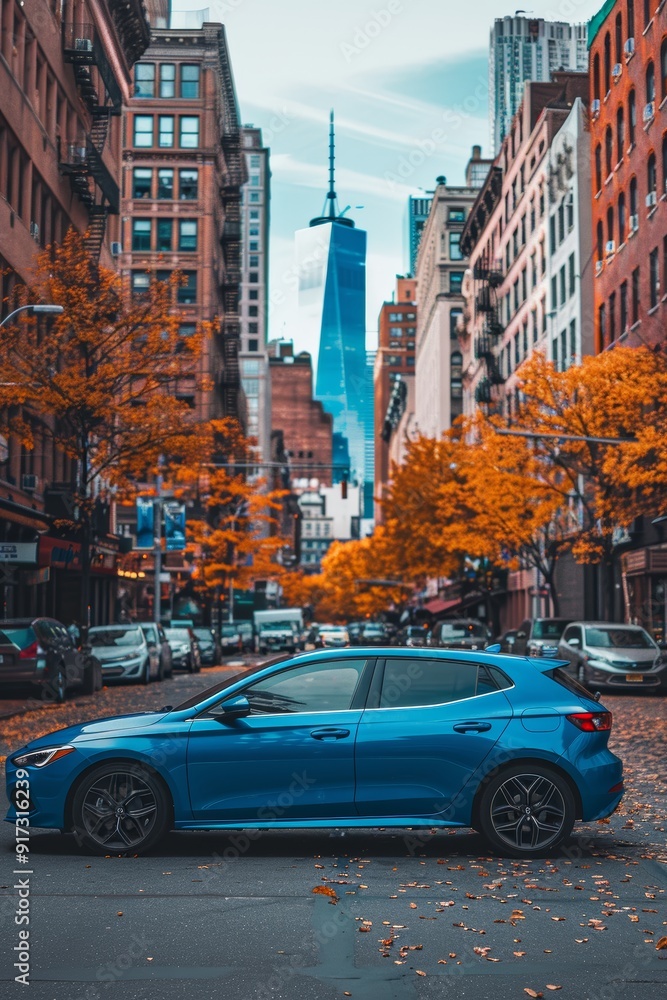 Obraz premium Vibrant Blue Hatchback Car in Urban Street Scene with Autumn Foliage and Tall City Buildings