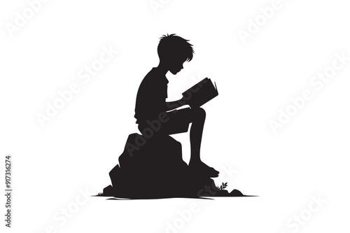 A cartoon of a boy reading a book on the rock silhouette vector art illustration
