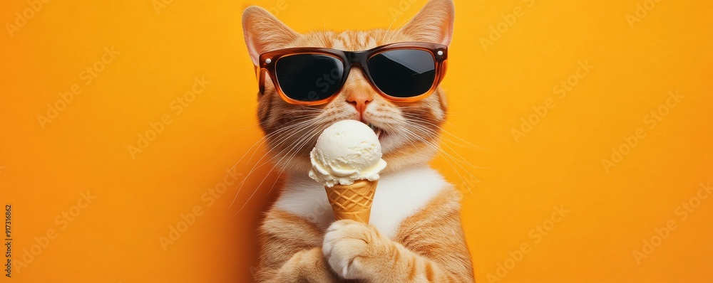 Cat wearing sunglasses holding an ice cream