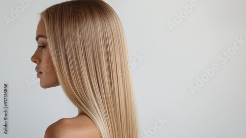 Beautiful woman in profile with long and shiny blond hair on a light background.