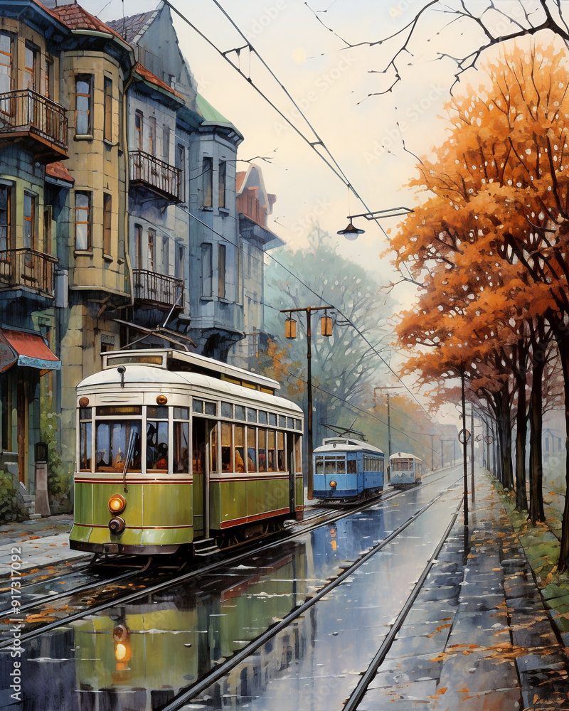 Fototapeta premium old stylish trams in the old autumn city. Romantic autumn.