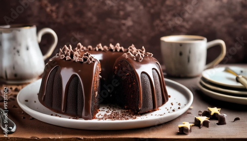 BOLO DE CHOCOLATE, CASEIRO, SUPER FOFINHO, RECÉM-ASSADO, RECAGADO COM UMA DELICIOSA COBERTURA DE CHOCOLATE DERRETIDO photo