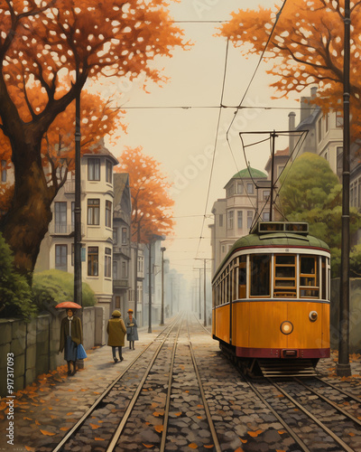 old stylish trams in the old autumn city. Romantic autumn.