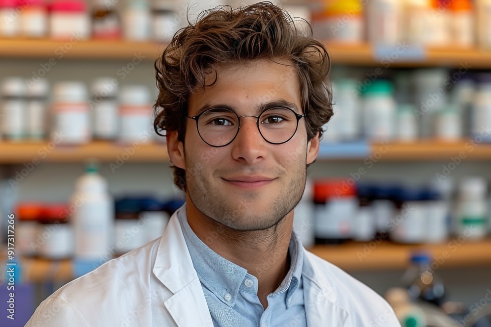 Obraz premium Young Male Scientist Smiling in Laboratory Surrounded by Various Bottles and Equipment During Daylight Hours
