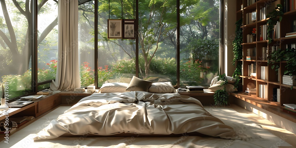 A peaceful bedroom with a platform bed soft linens and a reading nook A peaceful bedroom with a platform bed soft linens and a reading nook