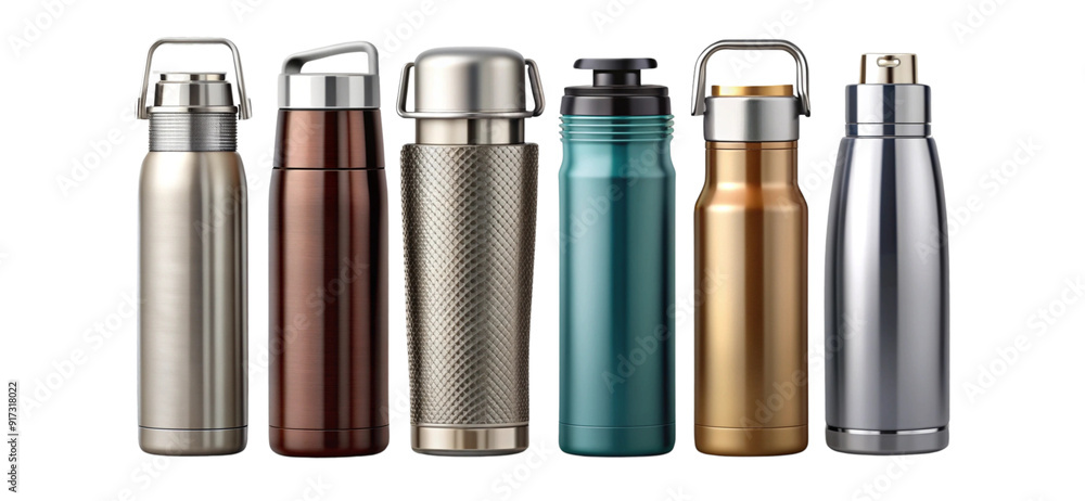 Set of various modern vacuum-insulated thermos water bottles isolated on transparent background. Set of various modern vacuum-insulated thermos water bottles isolated on transparent background.