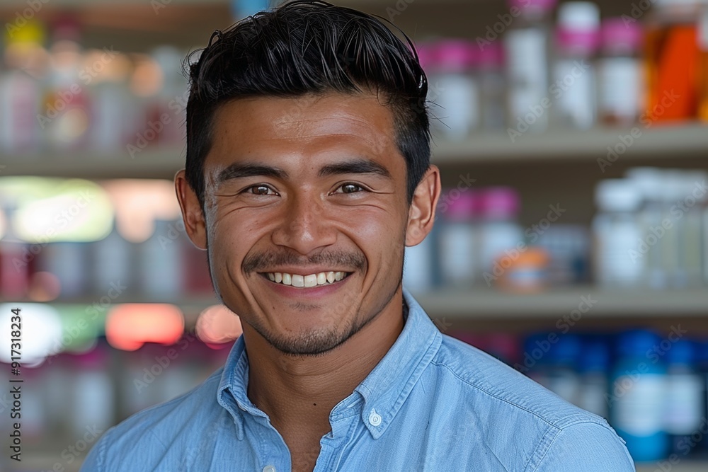 Smiling Young Man in Blue Shirt at a Colorful Pharmacy During Daylight Hours Smiling Young Man in Blue Shirt at a Colorful Pharmacy During Daylight Hours