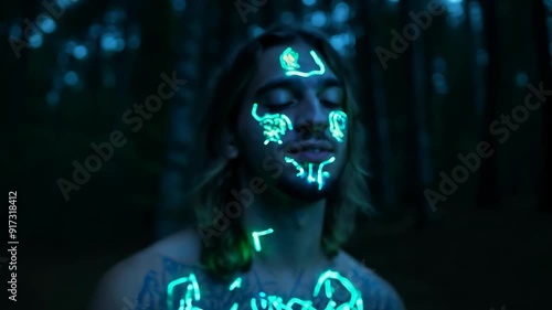 Wallpaper Mural A man showcases mesmerizing glowing tattoos on her skin while surrounded by a serene, enchanting forest atmosphere. Torontodigital.ca
