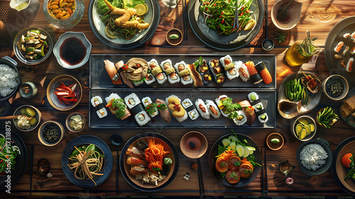 Japanese restaurant dinner table spread in top-down view, array of beautifully plated sushi, sashimi, tempura, surrounded, fresh salads, traditional Japanese food