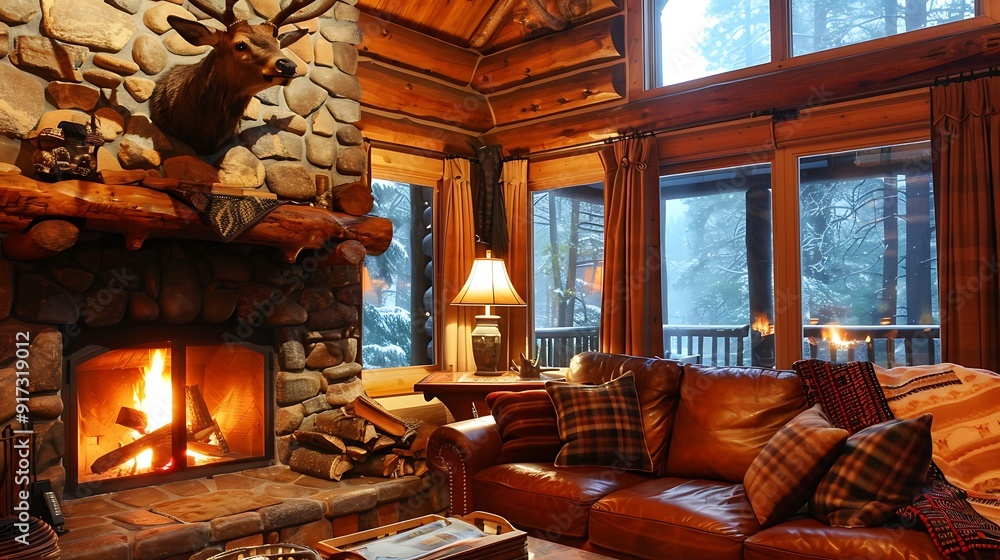 A rustic cabin living room with a large stone fireplace crackling a plush leather couch in front of it and a mounted deer head above the fireplace A rustic cabin living room with a large stone fireplace crackling a plush leather couch in front of it and a mounted deer head above the fireplace