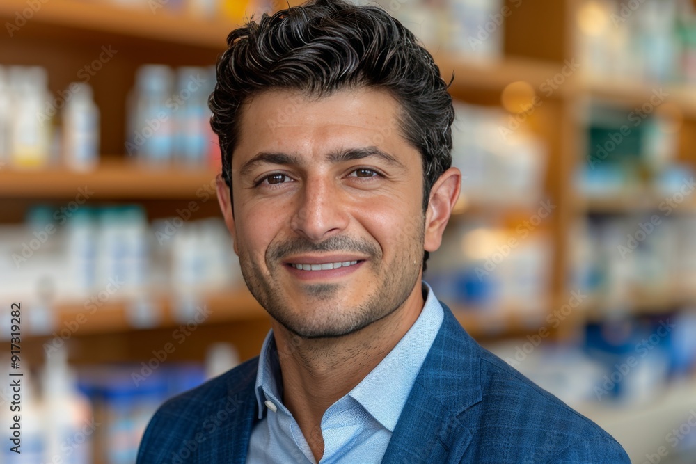 Professional Male Smiling in Front of Pharmacy Shelves During Daylight Hours Professional Male Smiling in Front of Pharmacy Shelves During Daylight Hours