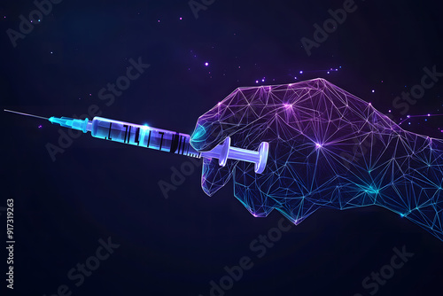 technology in health, digital blue low poly syringe needle with glowing data streams, ai in healthcare systems, medical diagnostics, treatment planning algorithms, high-tech wireframe syringe design
