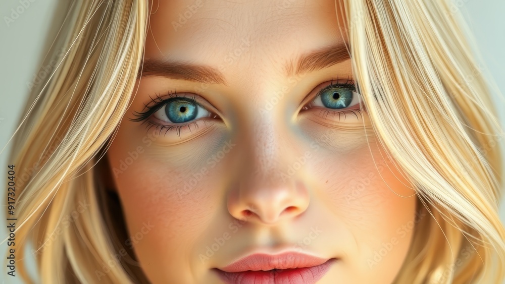 Beautiful blond young woman face close up. Natural looking. Banner for beauty skin body care bio eco cosmetics concept Beautiful blond young woman face close up. Natural looking. Banner for beauty skin body care bio eco cosmetics concept