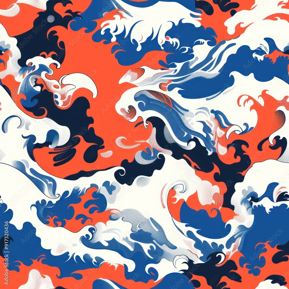 Abstract Seamless Pattern with Swirling Waves in Red, Blue, and White. Abstract Seamless Pattern with Swirling Waves in Red, Blue, and White.