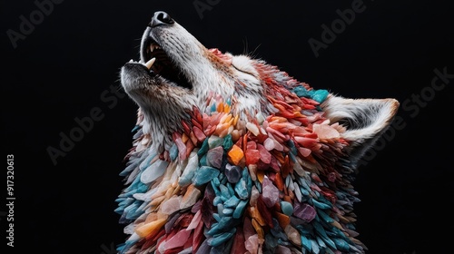 A captivating illustration of a wolf, covered in multicolored crystals, howling against the dark sky, merging natural ferocity with the beauty and complexity of crystals. photo