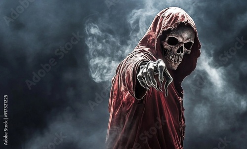 The Ominous Pointer: A Hooded Skull Figure in a Mysterious Illustration Signifying the Unseen and Enigmatic. photo